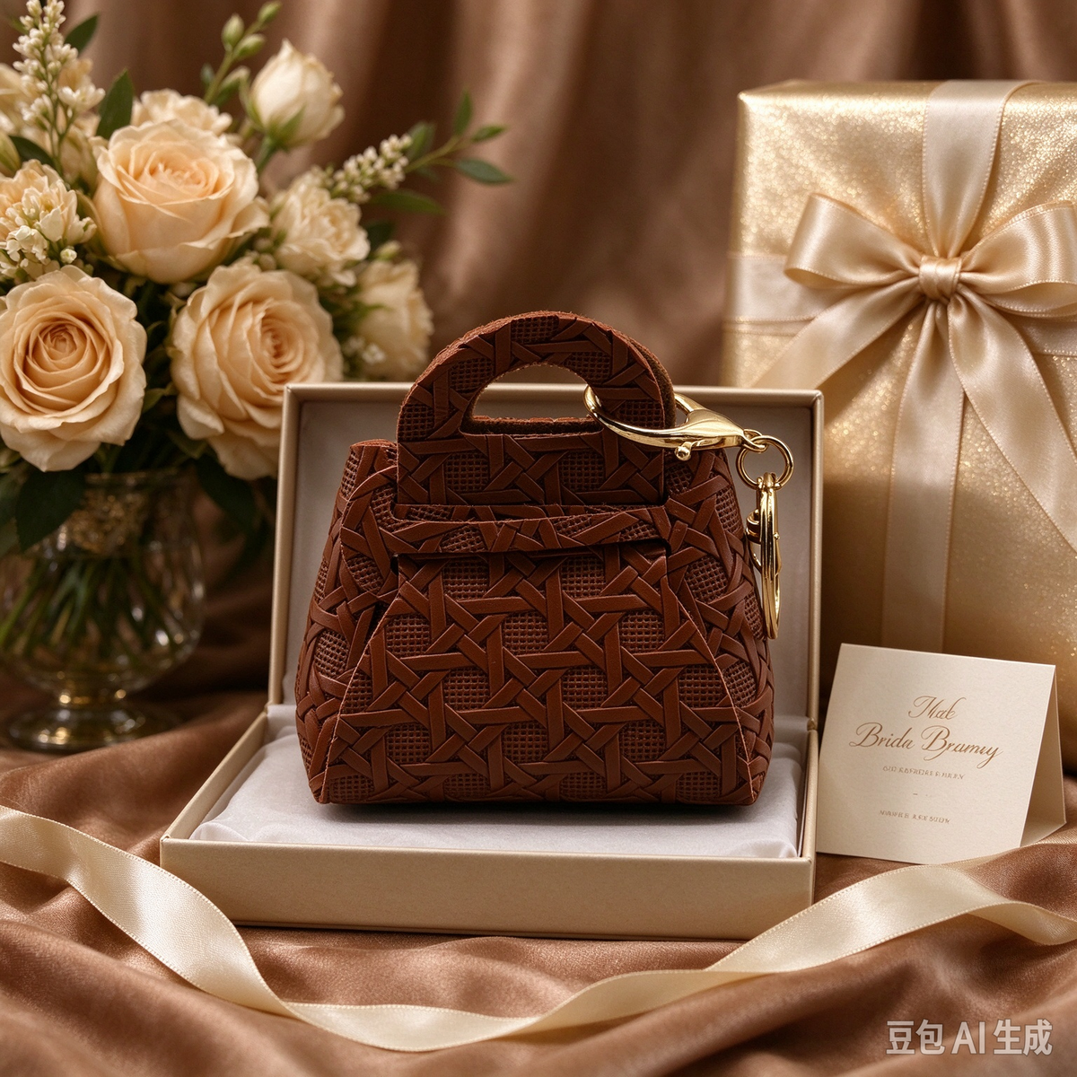 Brown Woven Top Handle Pouch, Rustic Mini Gift Bag with Gold-Tone Keyring for Wedding Favors, Bridal Shower, Party Candy & Guest Gifts