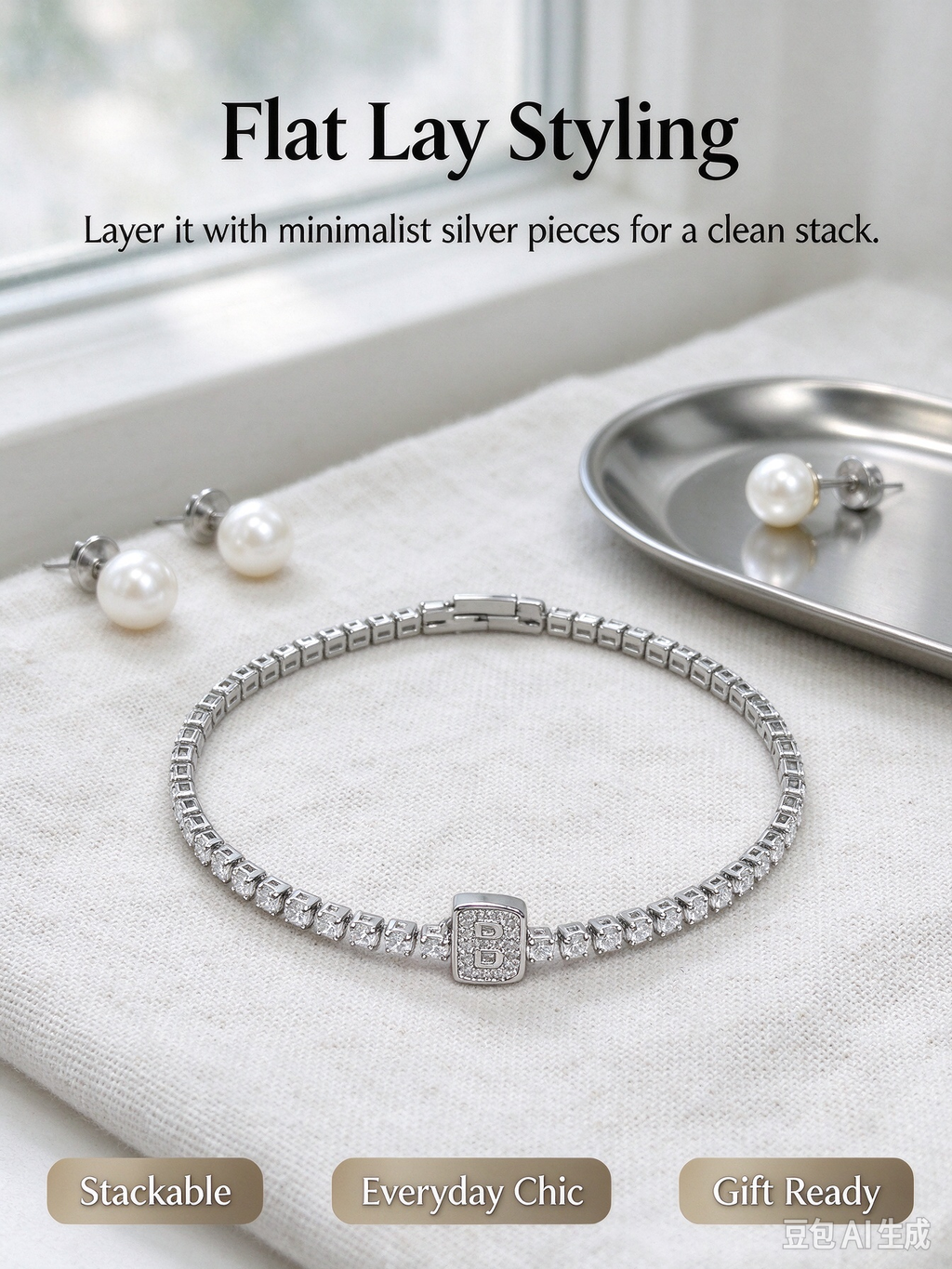 Silver Square CZ Tennis Bracelet, Full Square Crystal Chain Bracelet for Women
