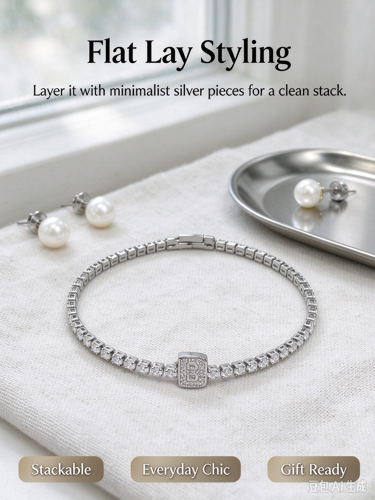 Silver Square CZ Tennis Bracelet, Full Square Crystal Chain Bracelet for Women