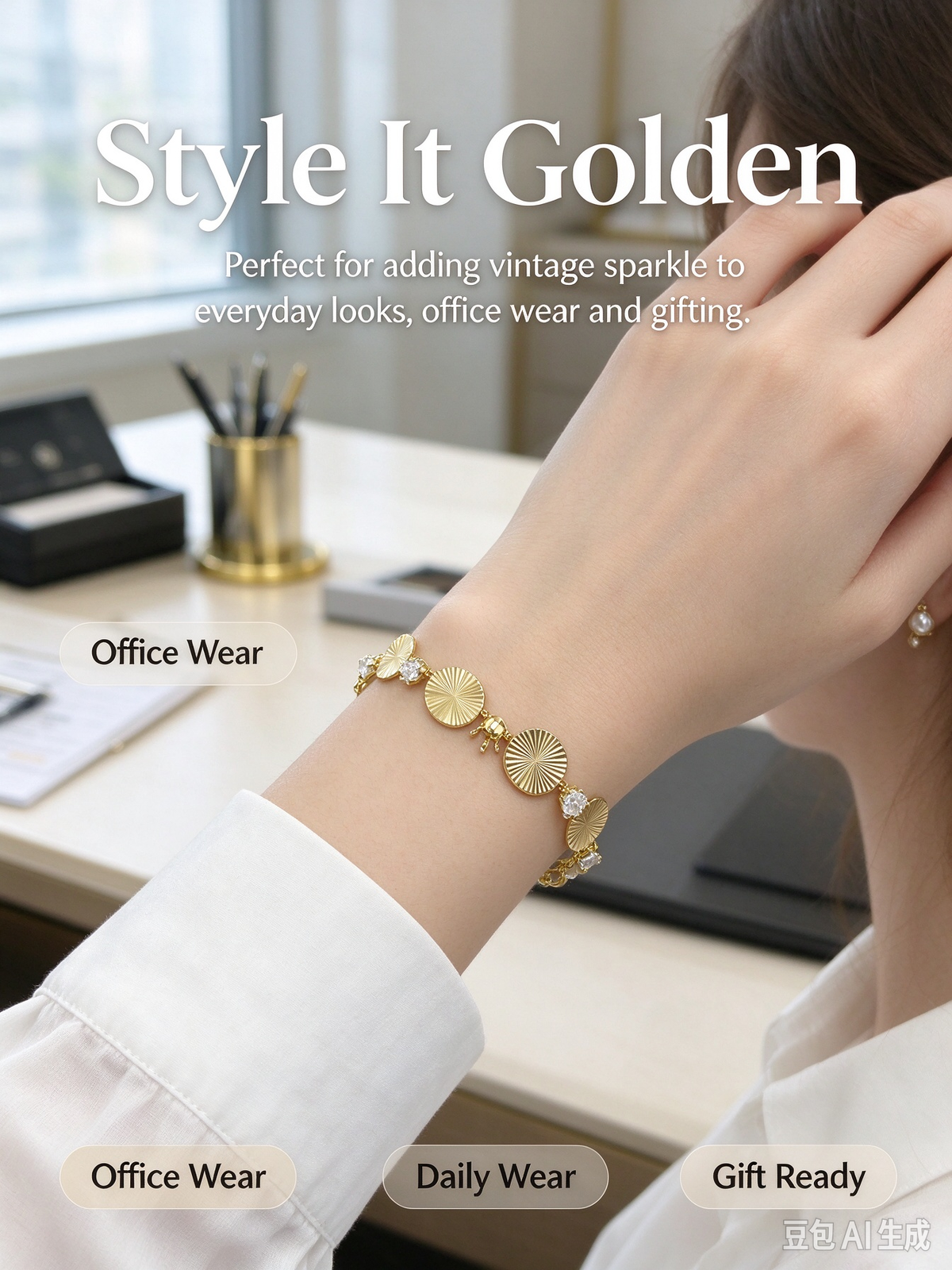 Gold Sunburst Disc Crystal Bracelet, Statement Golden Disc Bracelet with Clear CZ