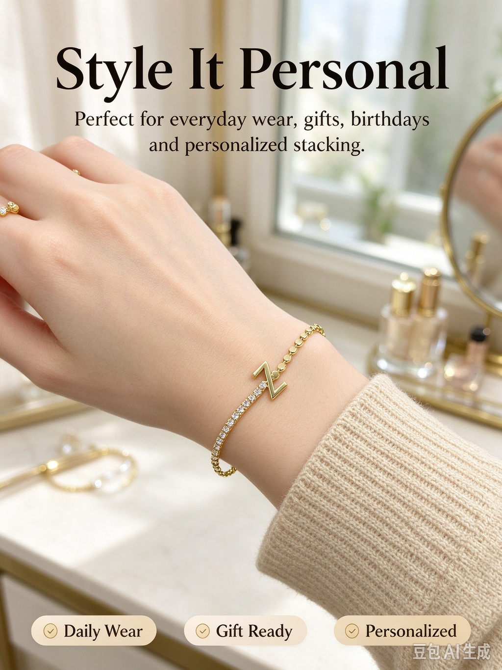 Gold Two-Strand Initial Z Bracelet, Dual Chain Letter Z Bracelet with Crystal & Bead Chain