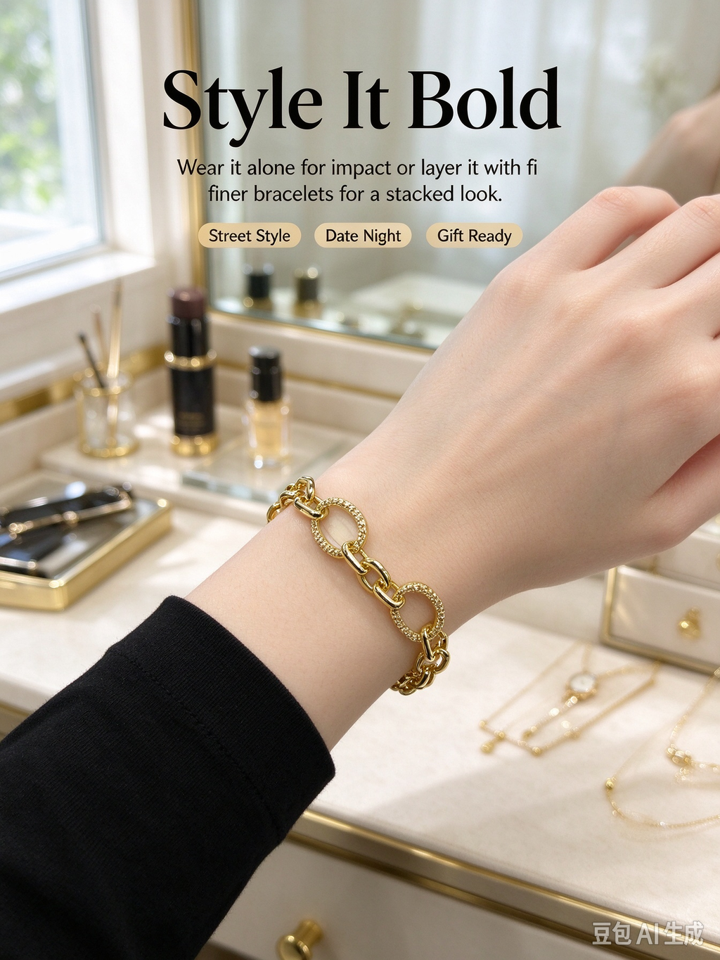 Gold Chunky Chain Bracelet, Cubic Zirconia Oval Link Statement Bracelet for Women