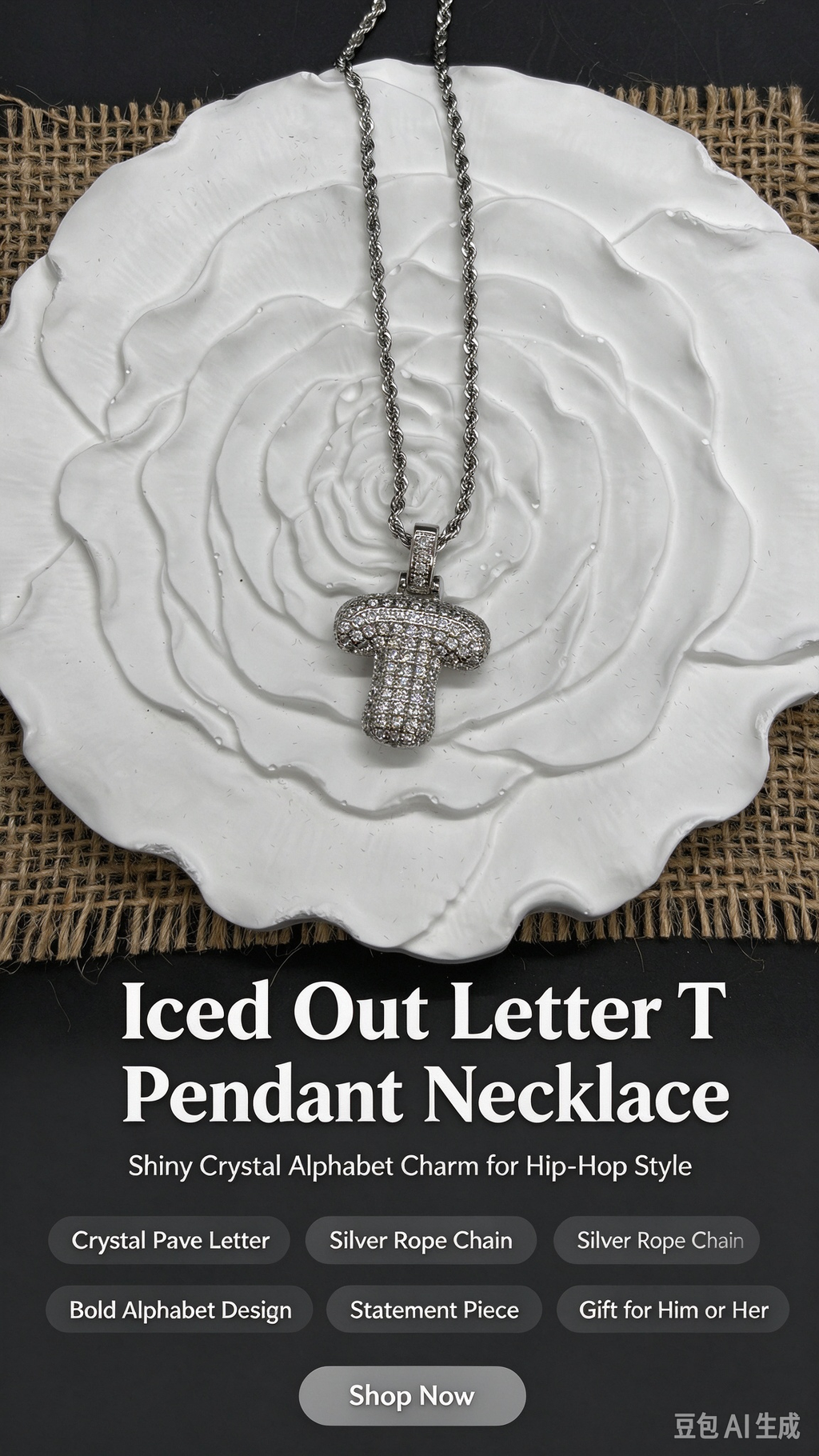 Iced Out Mushroom Pendant Necklace, Silver Rhinestone Initial T Necklace with Rope Chain, Hip Hop Jewelry