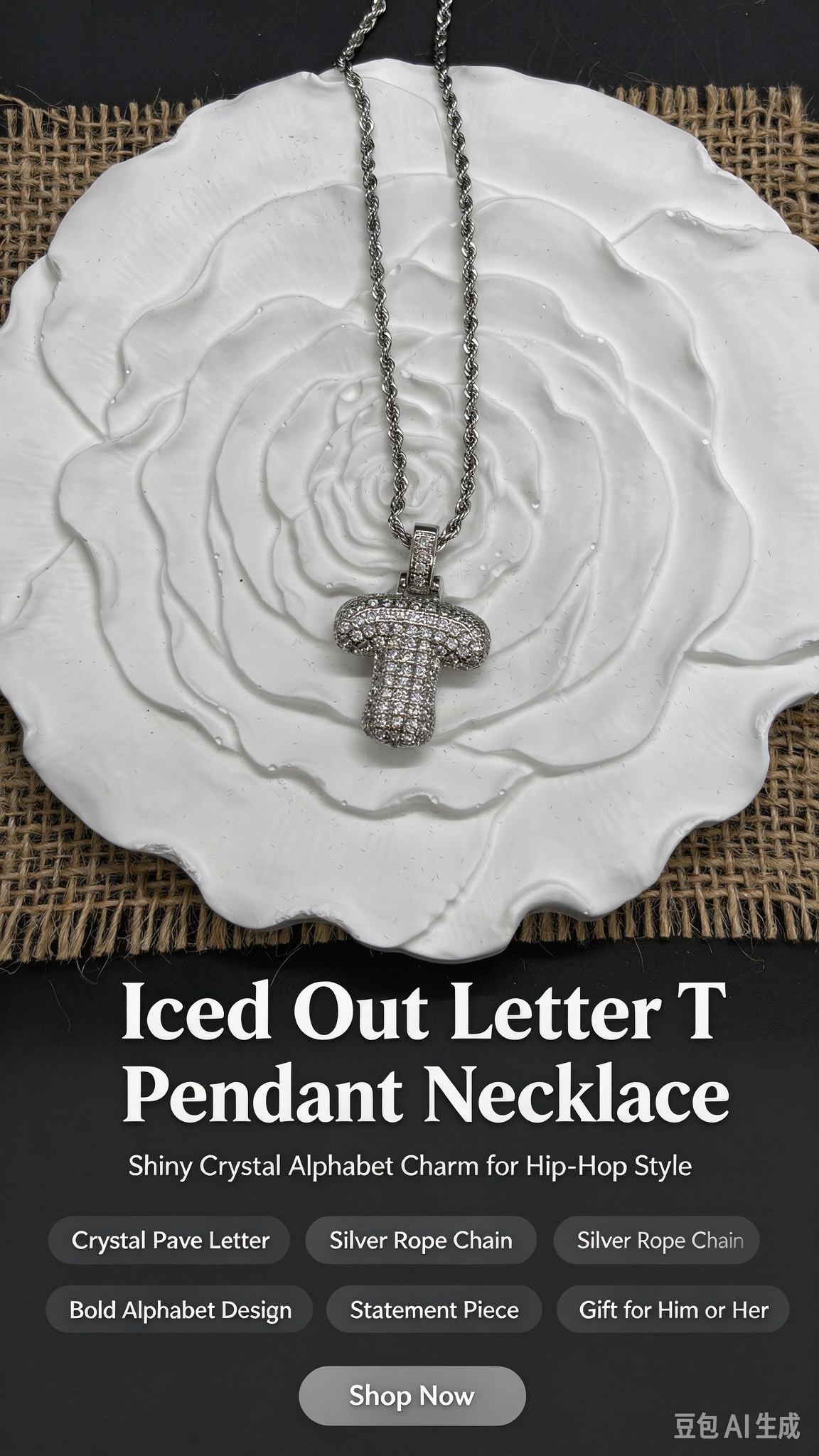 Iced Out Mushroom Pendant Necklace, Silver Rhinestone Initial T Necklace with Rope Chain, Hip Hop Jewelry