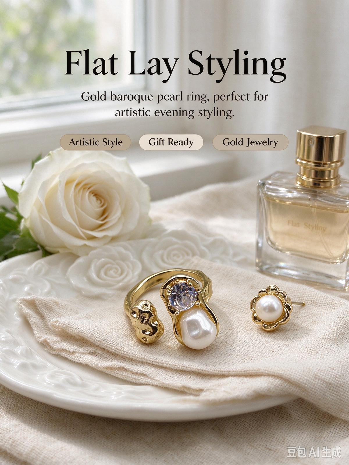 Molten Texture Baroque Pearl CZ Open Ring