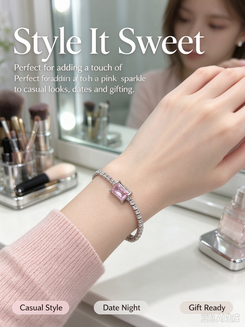 Pink Rectangle Stone Tennis Bracelet, Dainty Sweet Pink Crystal Minimalist Bracelet