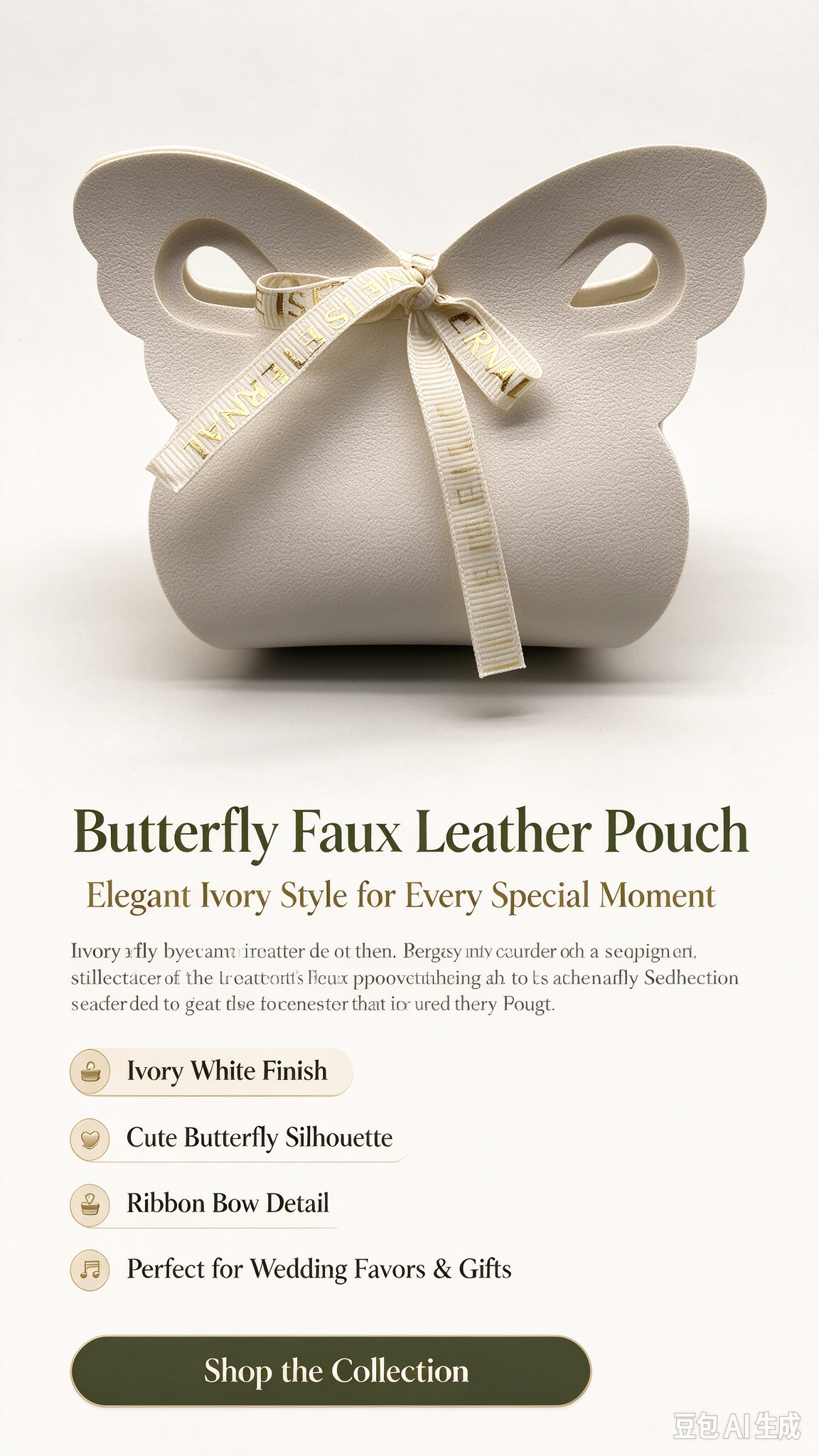 Ivory White Butterfly Faux Leather Pouch, Cute Ribbon Bow Mini Gift Bag for Wedding Favors, Bridal Shower, Party Candy & Small Trinkets