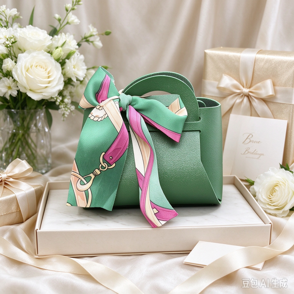 Green Mini Faux Leather Tote Pouch with Printed Silk Scarf Bow, Small Gift Bag for Wedding Favors, Bridal Shower, Party Candy & Guest Gifts