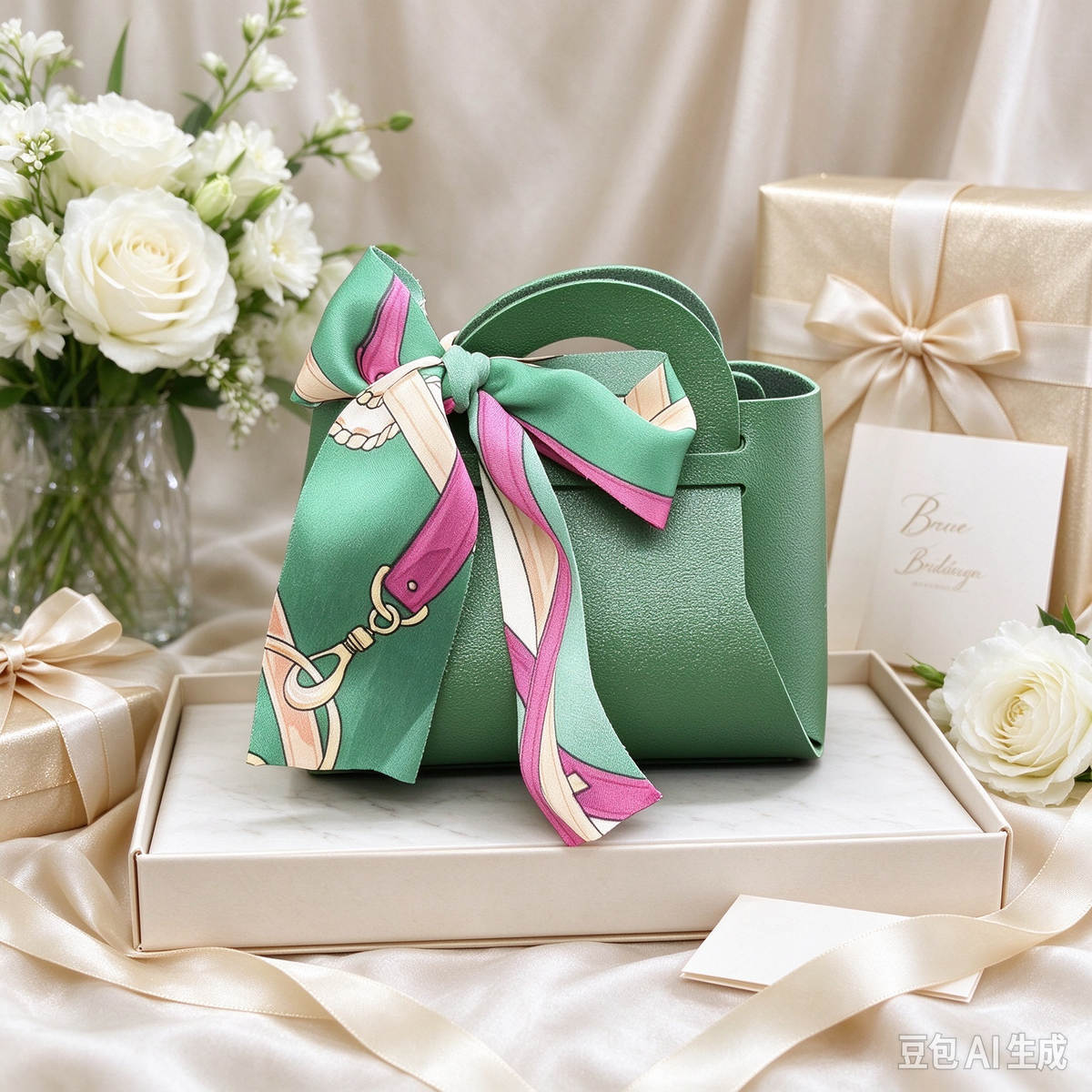 Green Mini Faux Leather Tote Pouch with Printed Silk Scarf Bow, Small Gift Bag for Wedding Favors, Bridal Shower, Party Candy & Guest Gifts
