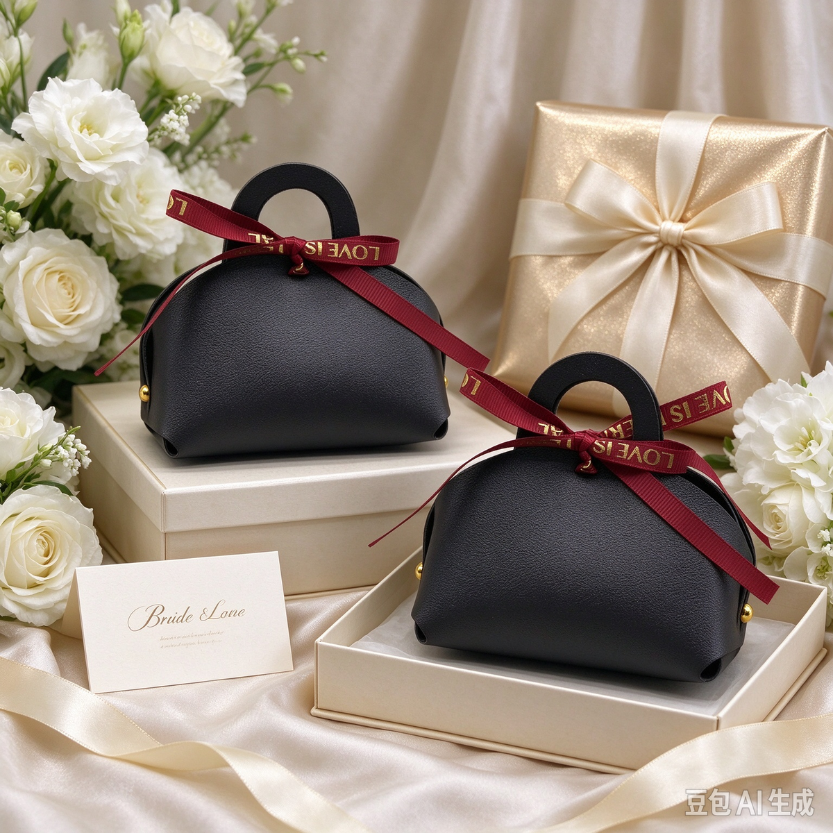 Black Mini Faux Leather Tote Pouch with Delicate Letter Ribbon Bow, Small Gift Bag for Wedding Favors, Bridal Shower, Party Candy & Guest Gifts