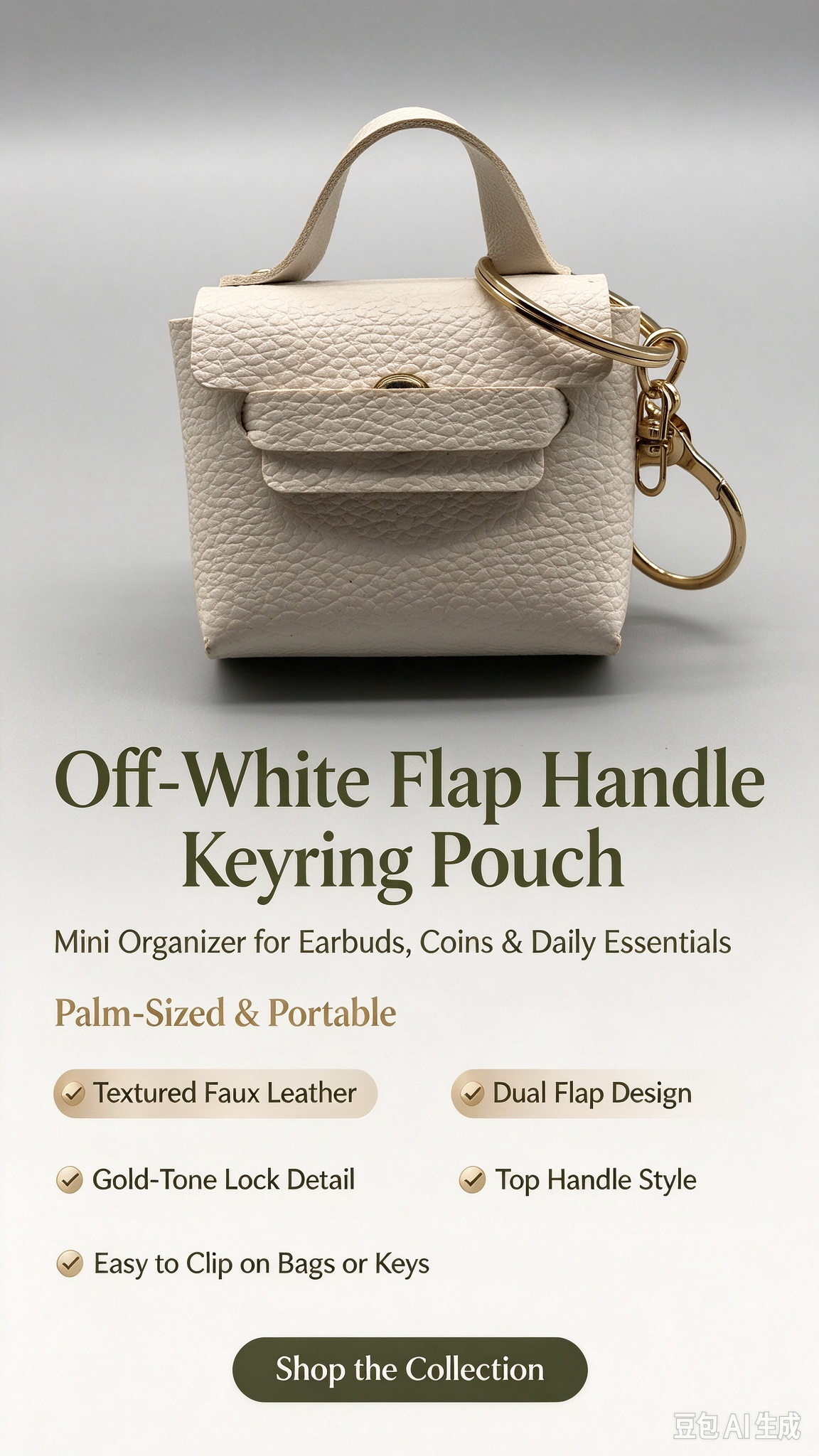 Off-White Mini Faux Leather Flap Handle Keyring Pouch, Tiny Coin Purse, Earbud Holder Bag Charm