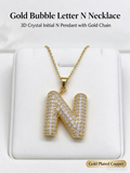 Gold Bubble Letter N Necklace, Full Pave CZ Bold Initial N Pendant Necklace