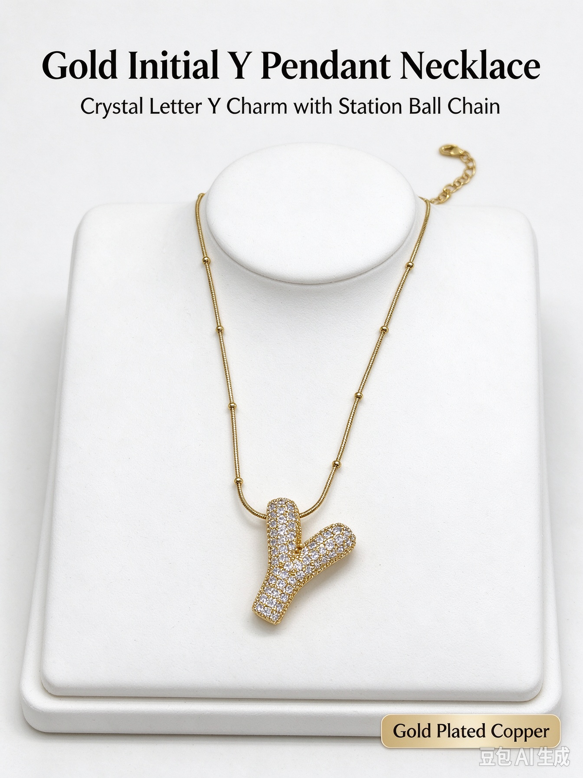Gold Bubble Letter Y Necklace, Full Pave CZ Bold Initial Y Pendant with Beaded Snake Chain