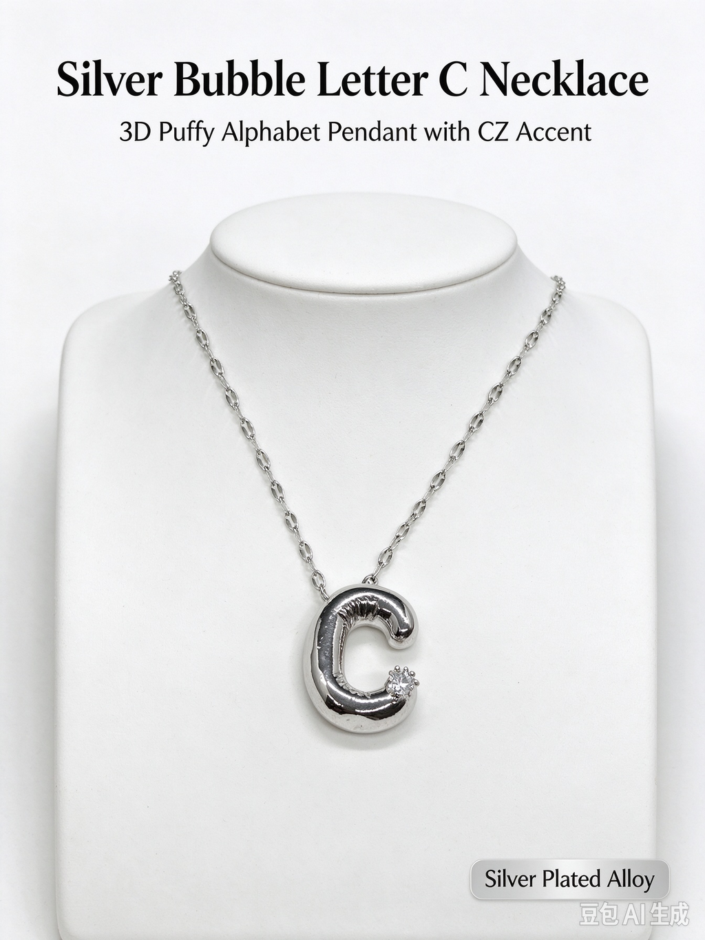Silver Bubble Letter C Initial Necklace, 3D Puffy Alphabet Pendant with CZ Crystal, Lip Chain Collarbone Necklace for Women