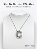 Silver Bubble Letter C Initial Necklace, 3D Puffy Alphabet Pendant with CZ Crystal, Lip Chain Collarbone Necklace for Women