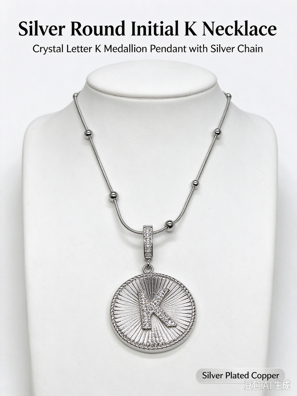 Sunburst K Initial Medallion Necklace, Silver Rhinestone Letter Pendant Snake Chain Necklace
