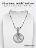 Sunburst K Initial Medallion Necklace, Silver Rhinestone Letter Pendant Snake Chain Necklace