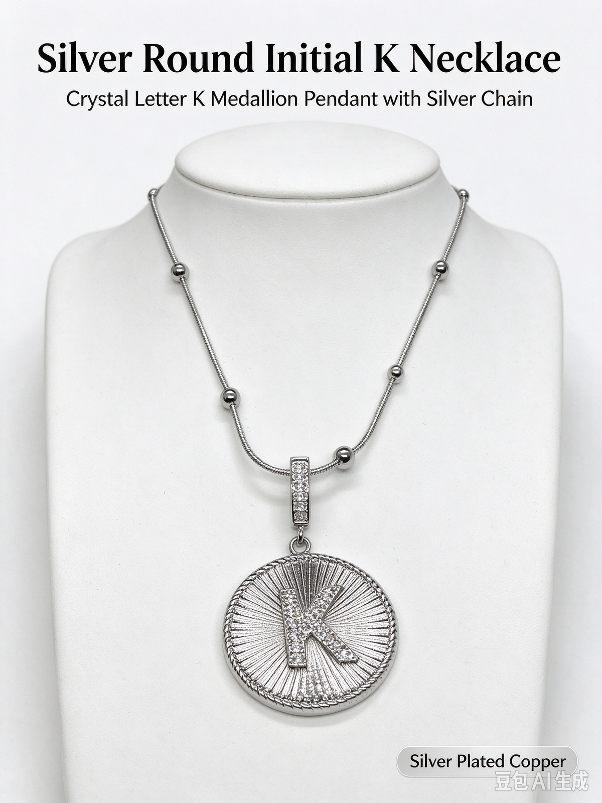 Sunburst K Initial Medallion Necklace, Silver Rhinestone Letter Pendant Snake Chain Necklace