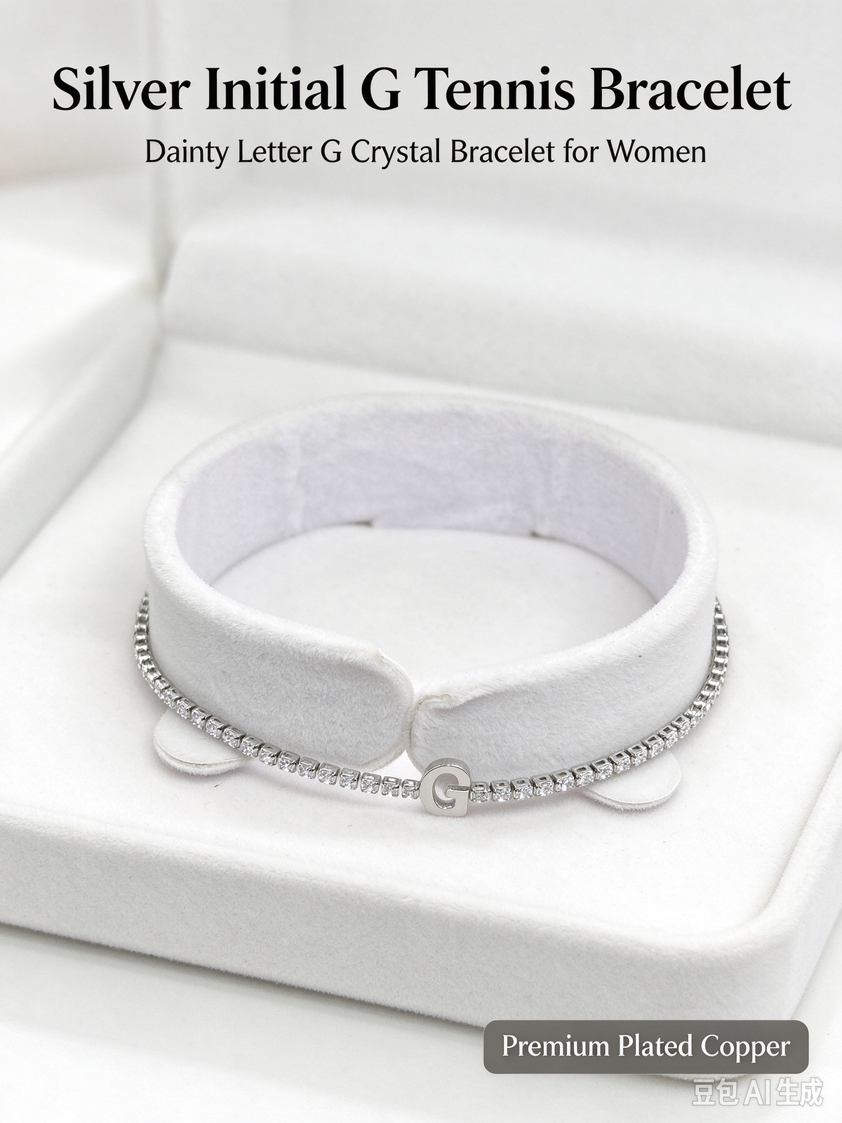 Silver Tennis Chain Initial G Bracelet, Dainty Letter G Crystal Bracelet