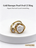 Gold Adjustable Open Ring, Baroque Faux Pearl with Crystal Statement Ring for Women