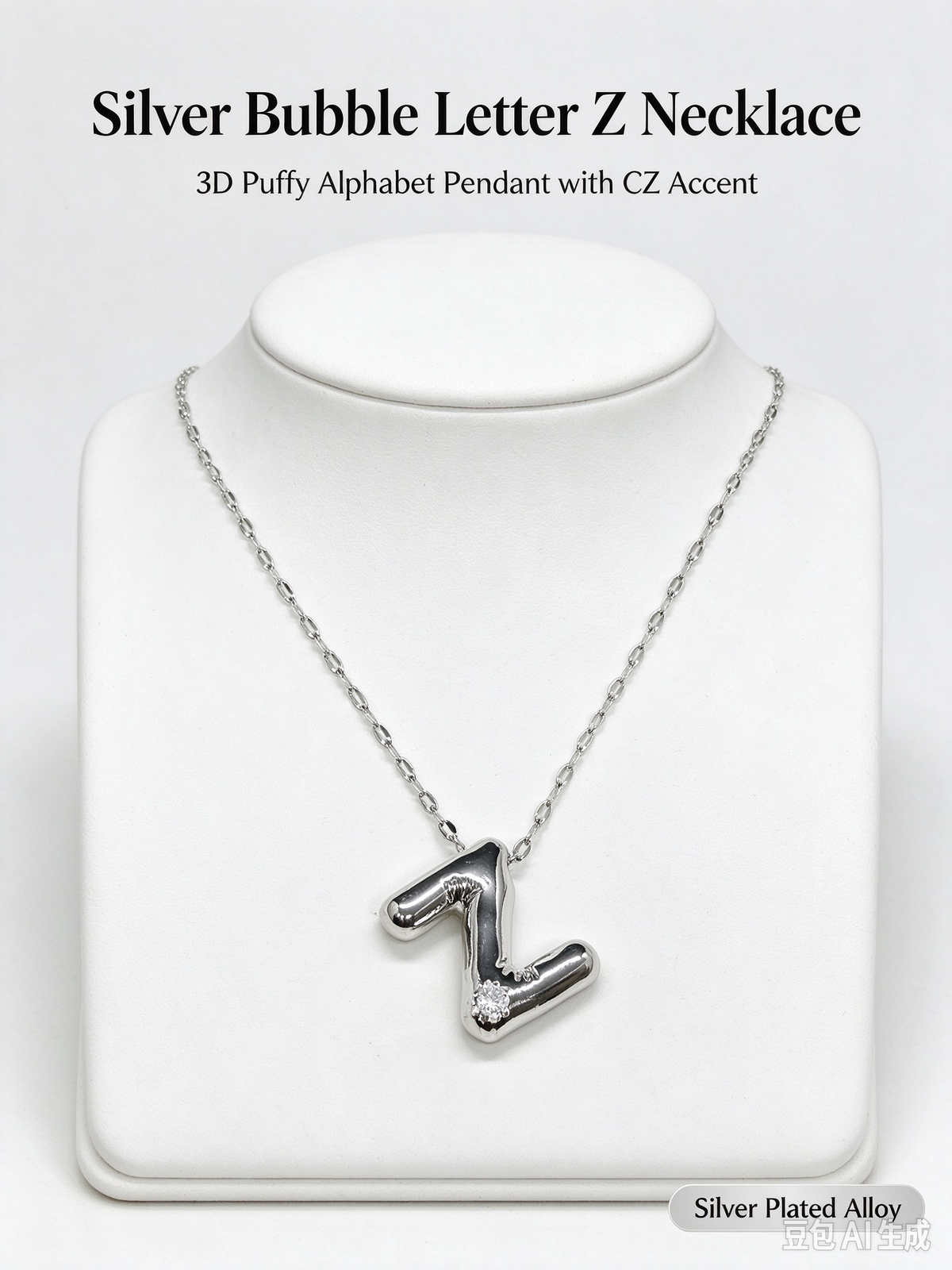 Silver Bubble Letter Z Initial Necklace, 3D Chunky Puffy Alphabet Pendant with CZ Crystal, Lip Chain Collarbone Necklace for Women