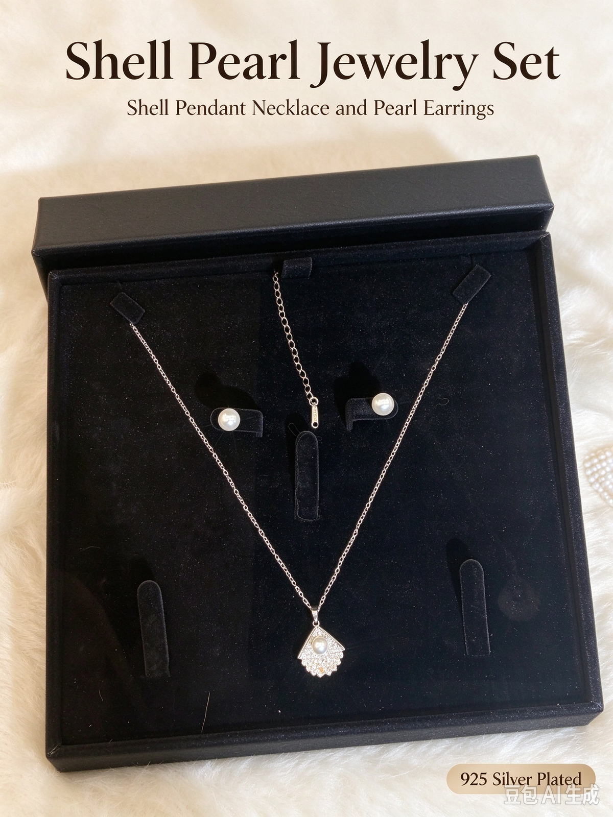 Shell Shaped Pendant Necklace & White Pearl Stud Earring Set, Silver Plated Beach Jewelry Gift Set for Women