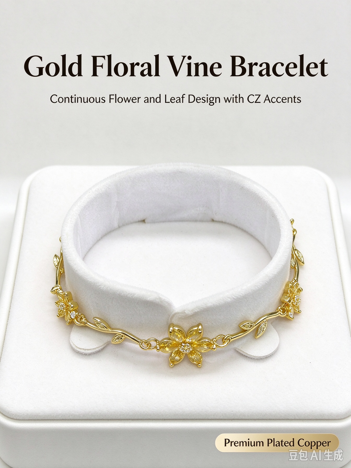 Gold Twig Flower CZ Bracelet, Nature Inspired Floral Branch Bangle for Women