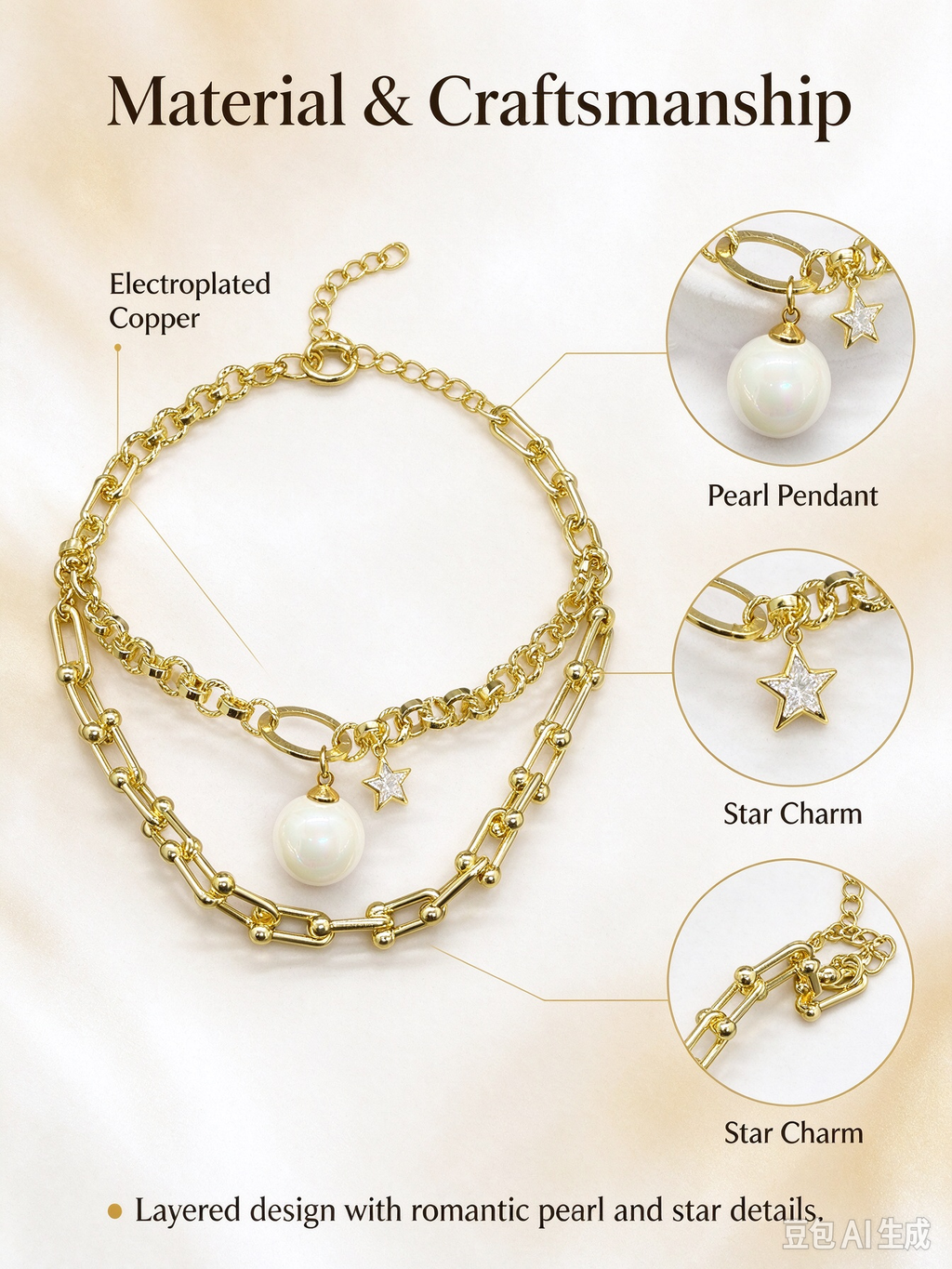Double Layer Gold Bracelet, Large Pearl & CZ Star Charm Stacked Bracelet for Women