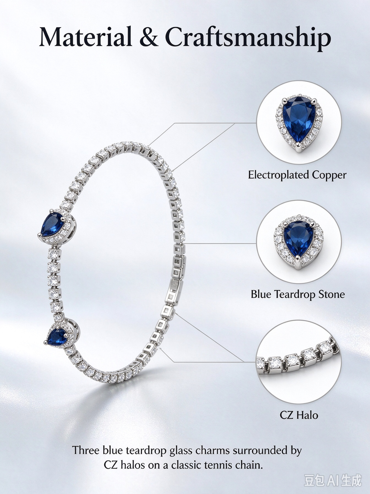Blue Teardrop Cluster Tennis Bracelet, Luxury Deep Blue Crystal Zircon Bracelet