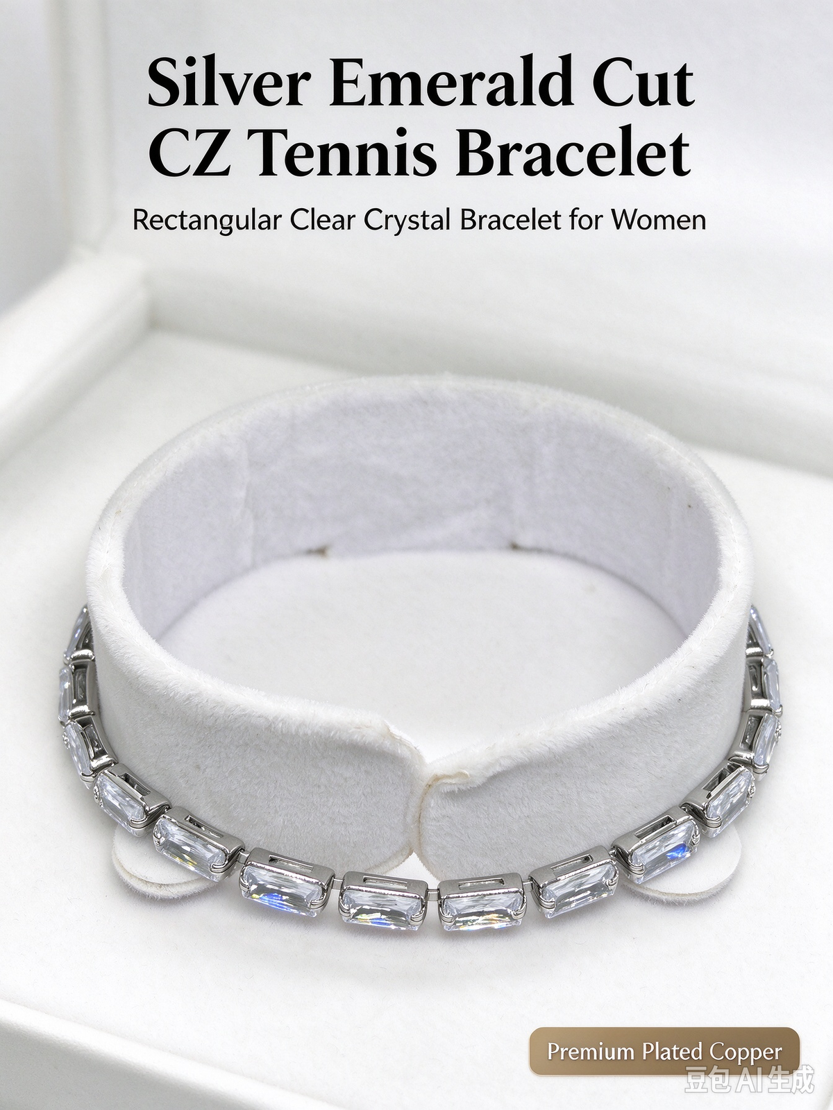 Silver Emerald Cut CZ Tennis Bracelet, Rectangular Clear Crystal Bracelet for Women