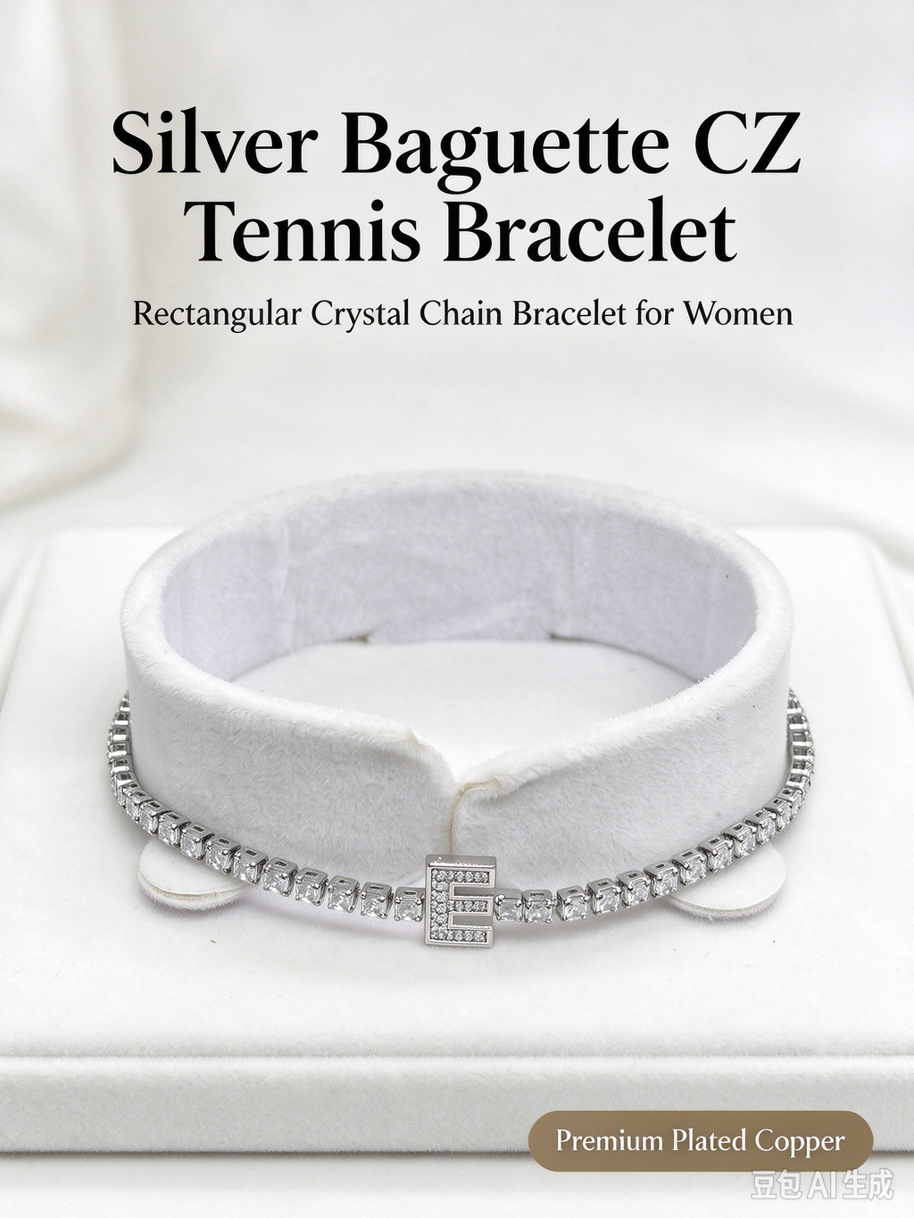 Silver Baguette CZ Tennis Bracelet, Rectangular Crystal Chain Bracelet with Letter E Charm for Women