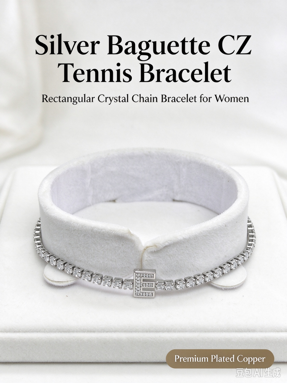Silver Baguette CZ Tennis Bracelet, Rectangular Crystal Chain Bracelet with Letter E Charm for Women