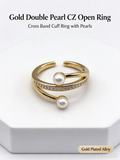 Dainty Gold Twist Adjustable Ring, Double Faux Pearl & Micro Pave CZ Stackable Open Ring for Women