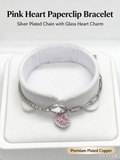 Pink Heart Dual Layer Bracelet, Cubic Zirconia & Paperclip Chain Stackable Bracelet