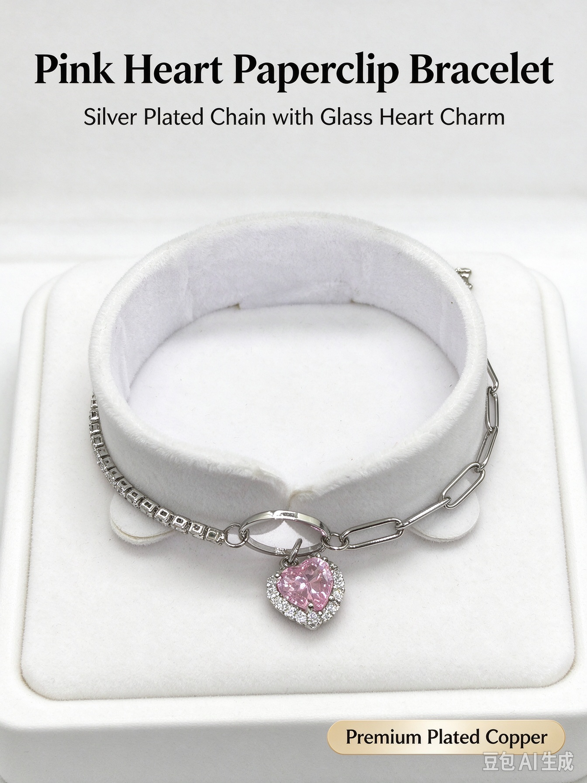 Pink Heart Dual Layer Bracelet, Cubic Zirconia & Paperclip Chain Stackable Bracelet