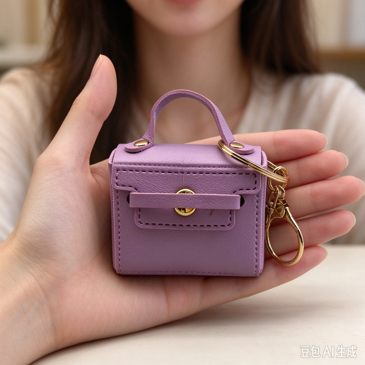 Lavender Purple Mini Faux Leather Flap Handle Keyring Pouch, Tiny Coin Purse, Earbud Holder Bag Charm