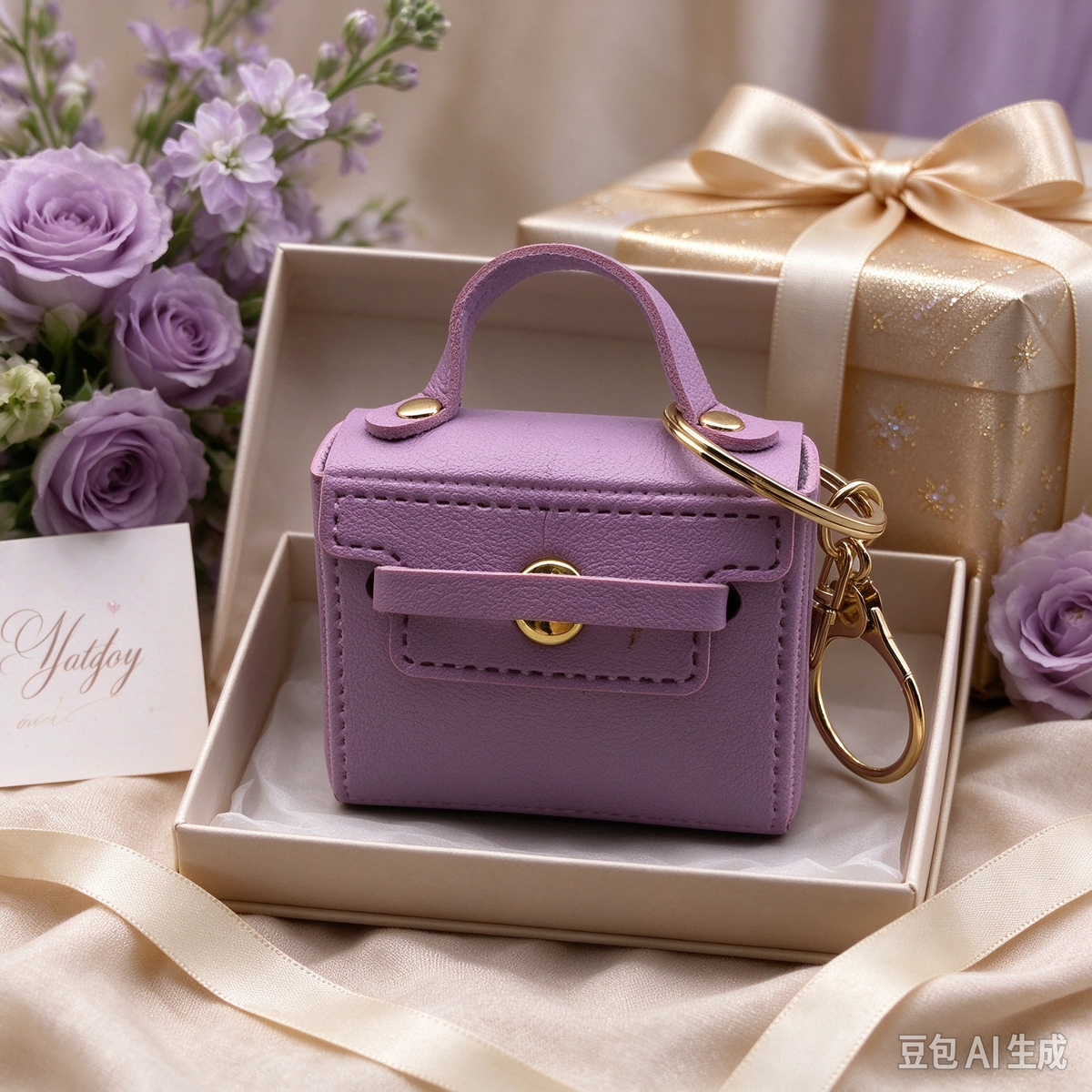 Lavender Purple Mini Faux Leather Flap Handle Keyring Pouch, Tiny Coin Purse, Earbud Holder Bag Charm