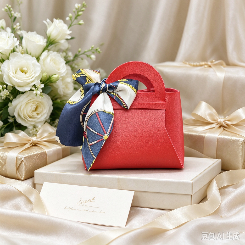 Red Mini Faux Leather Tote Pouch with Printed Silk Scarf Bow, Small Gift Bag for Wedding Favors, Bridal Shower, Party Candy & Guest Gifts