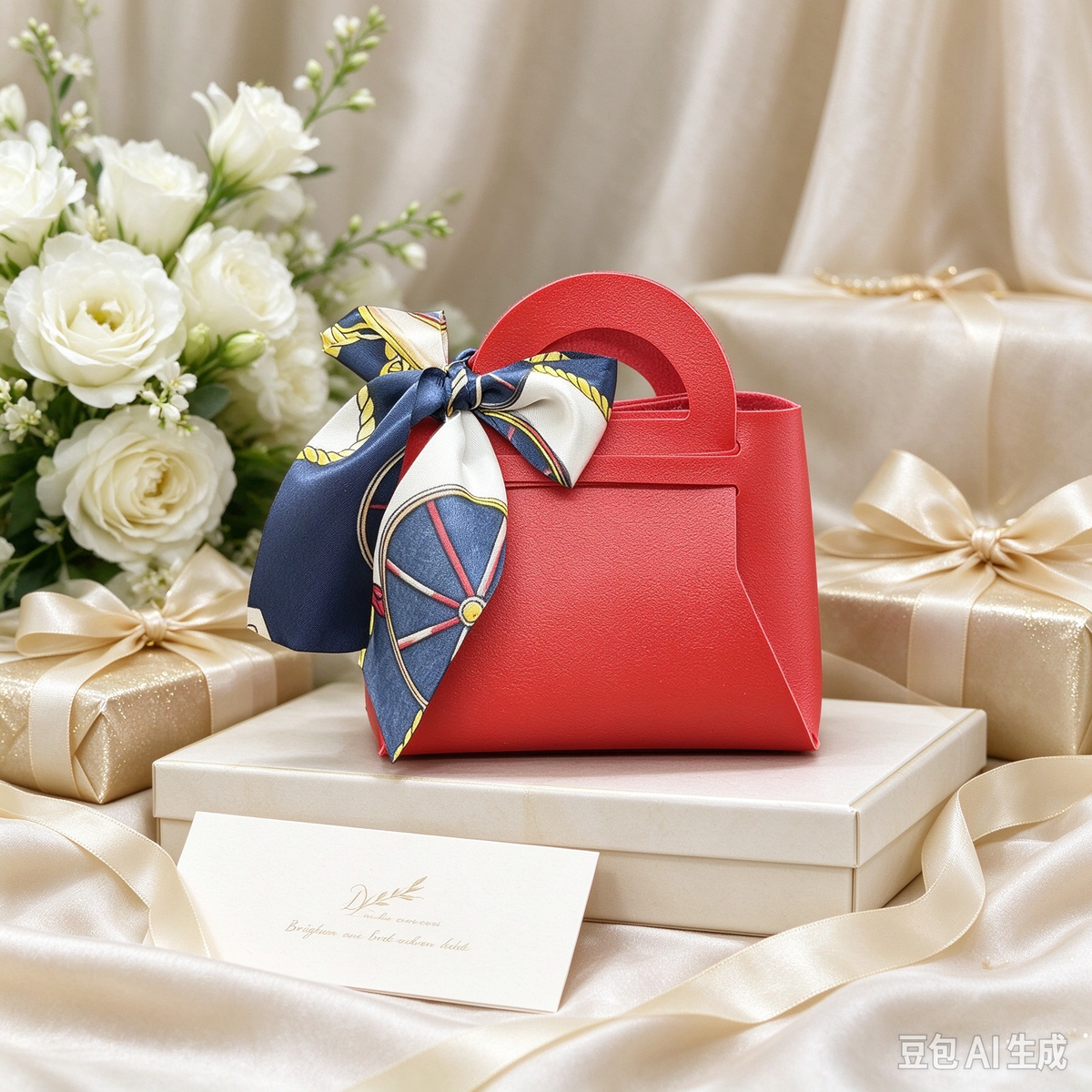 Red Mini Faux Leather Tote Pouch with Printed Silk Scarf Bow, Small Gift Bag for Wedding Favors, Bridal Shower, Party Candy & Guest Gifts