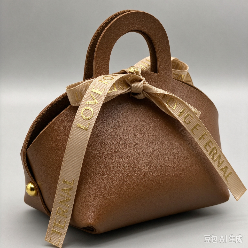 Brown Mini Faux Leather Tote Pouch with Gold Letter Ribbon Bow, Small Gift Bag for Wedding Favors, Bridal Shower, Party Candy & Guest Gifts