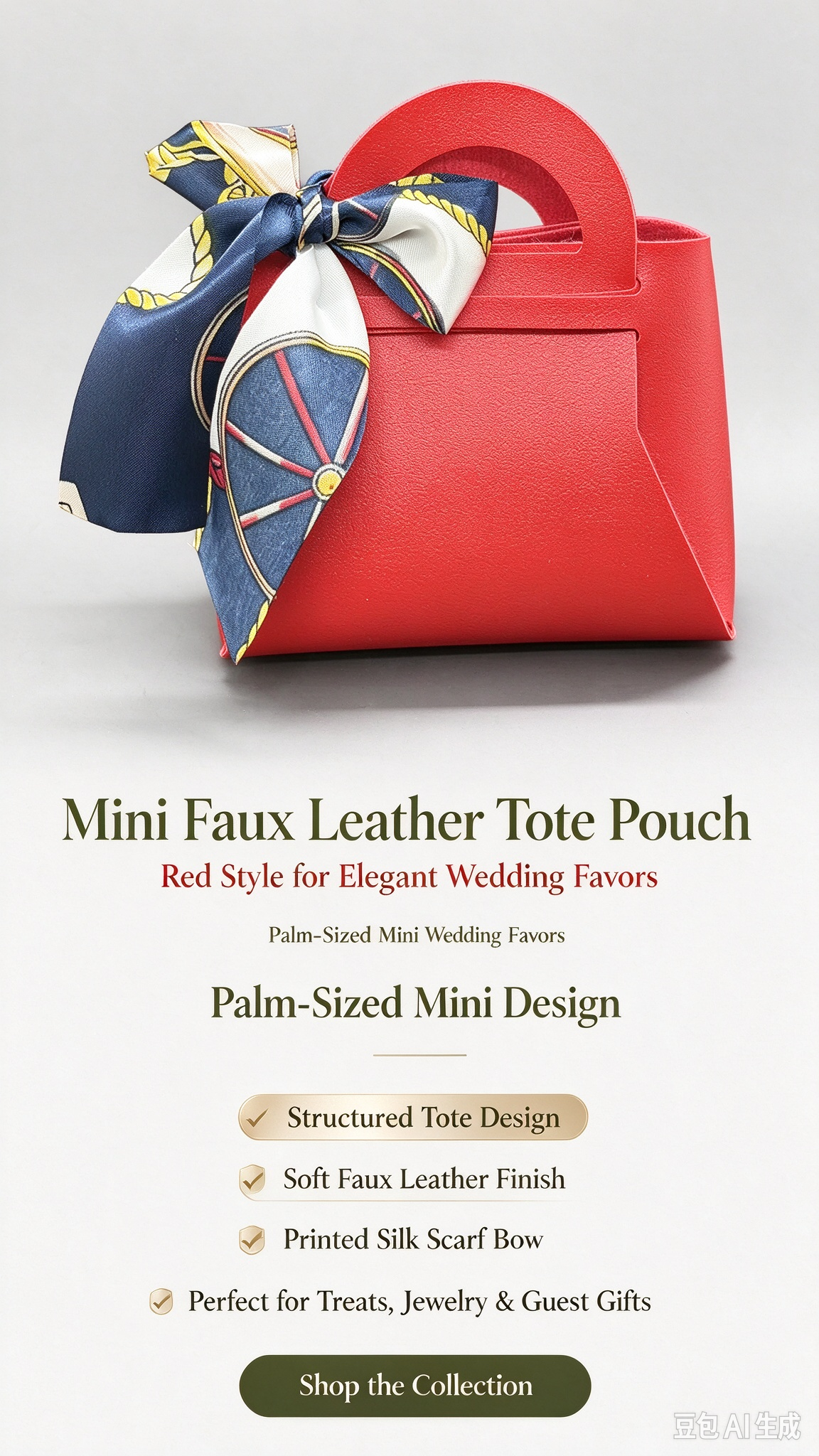 Red Mini Faux Leather Tote Pouch with Printed Silk Scarf Bow, Small Gift Bag for Wedding Favors, Bridal Shower, Party Candy & Guest Gifts