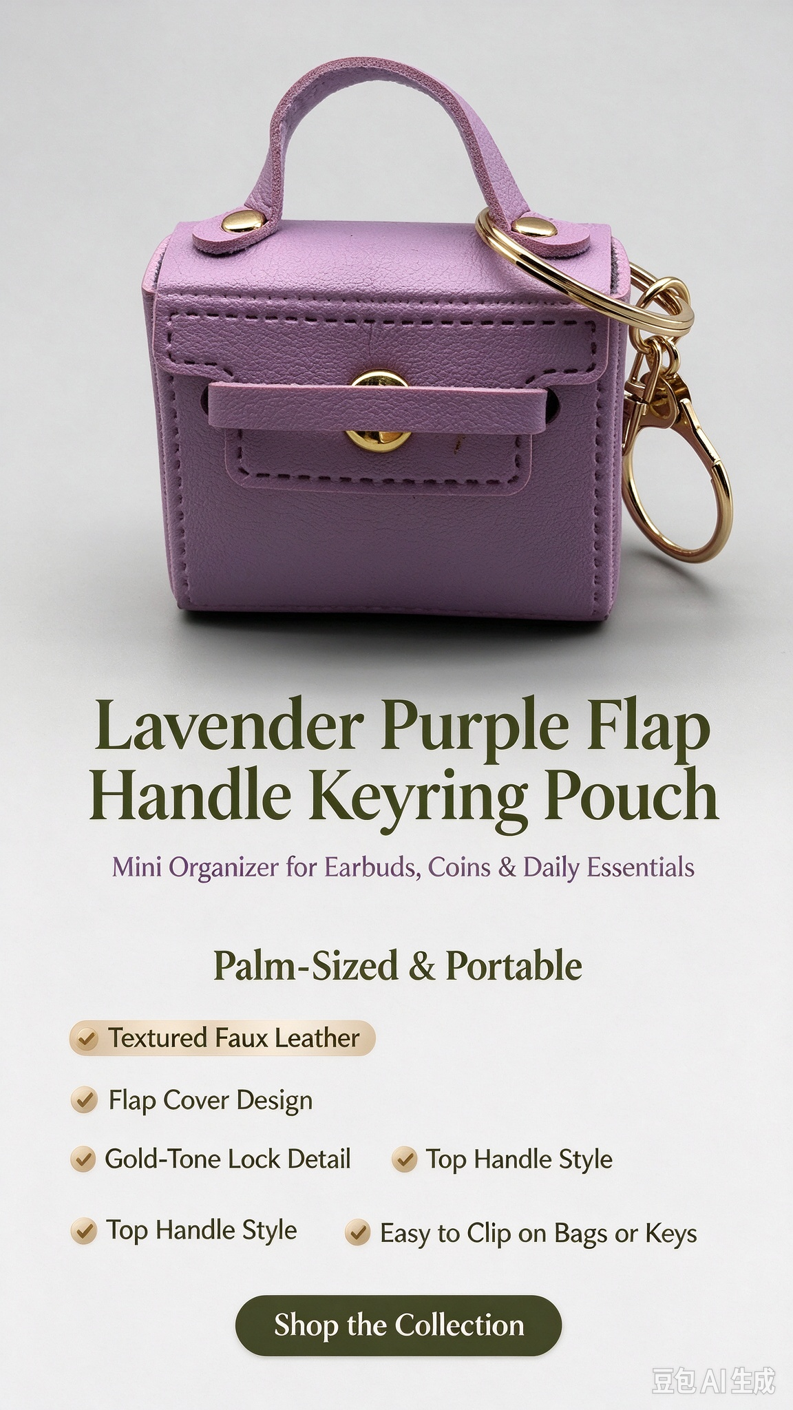Lavender Purple Mini Faux Leather Flap Handle Keyring Pouch, Tiny Coin Purse, Earbud Holder Bag Charm