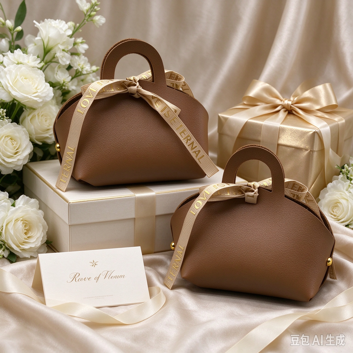 Brown Mini Faux Leather Tote Pouch with Gold Letter Ribbon Bow, Small Gift Bag for Wedding Favors, Bridal Shower, Party Candy & Guest Gifts