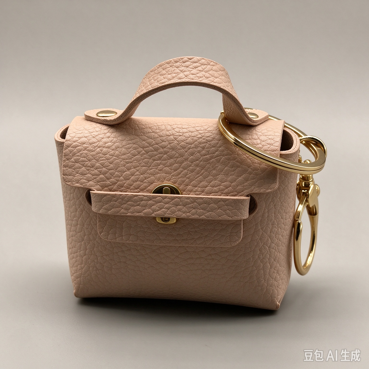 Khaki Mini Faux Leather Flap Handle Keyring Pouch, Tiny Coin Purse, Earbud Holder Bag Charm