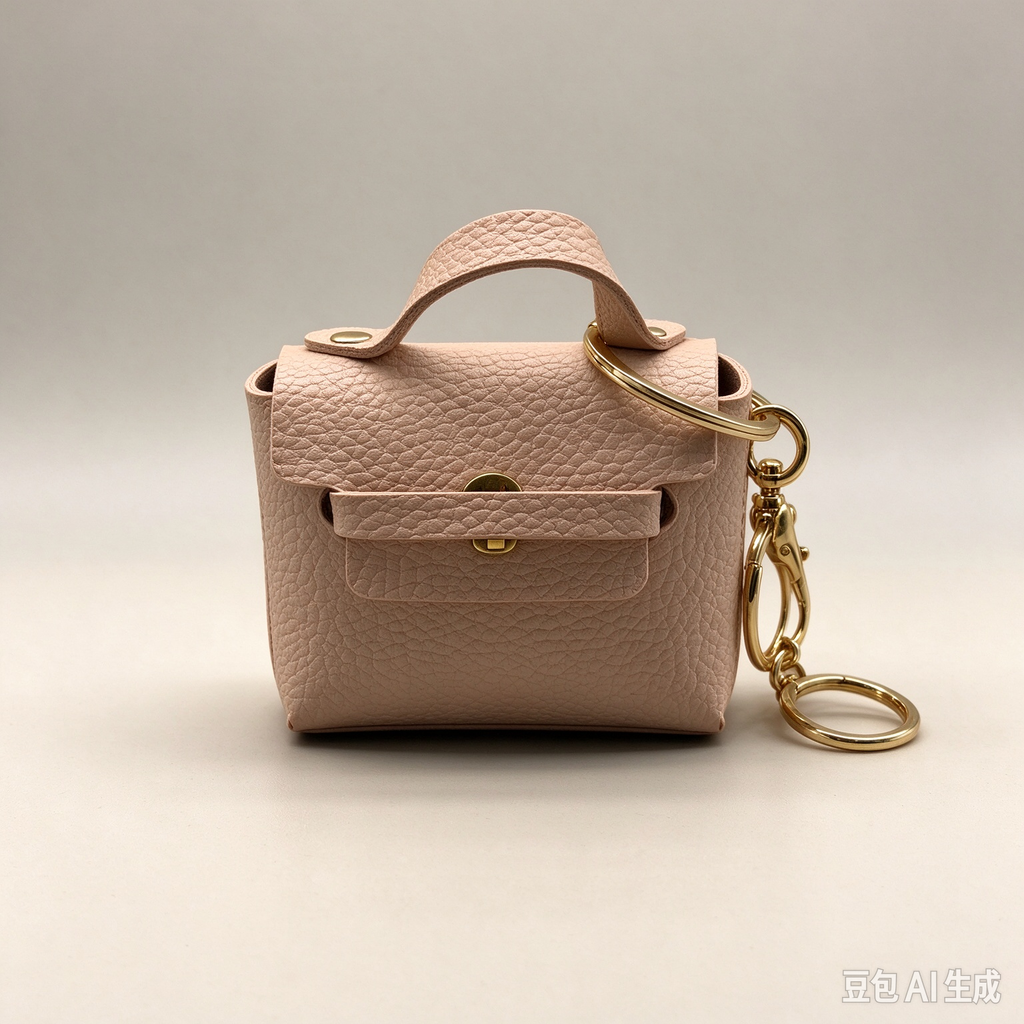 Khaki Mini Faux Leather Flap Handle Keyring Pouch, Tiny Coin Purse, Earbud Holder Bag Charm