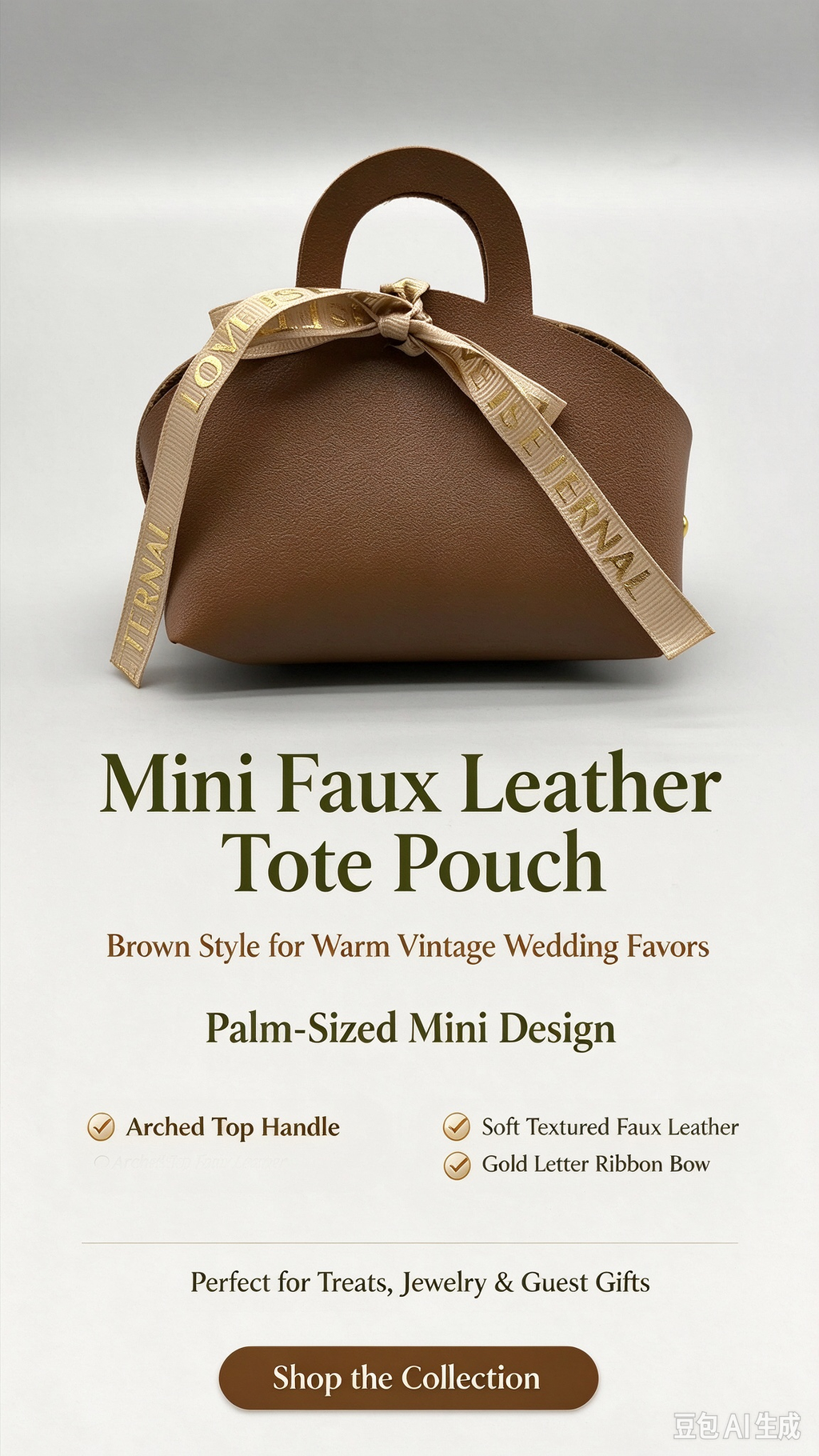 Brown Mini Faux Leather Tote Pouch with Gold Letter Ribbon Bow, Small Gift Bag for Wedding Favors, Bridal Shower, Party Candy & Guest Gifts