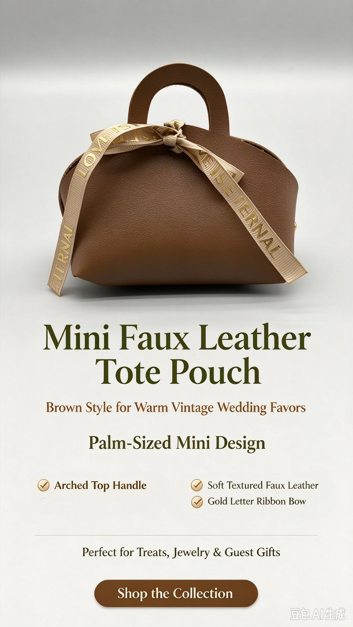Brown Mini Faux Leather Tote Pouch with Gold Letter Ribbon Bow, Small Gift Bag for Wedding Favors, Bridal Shower, Party Candy & Guest Gifts