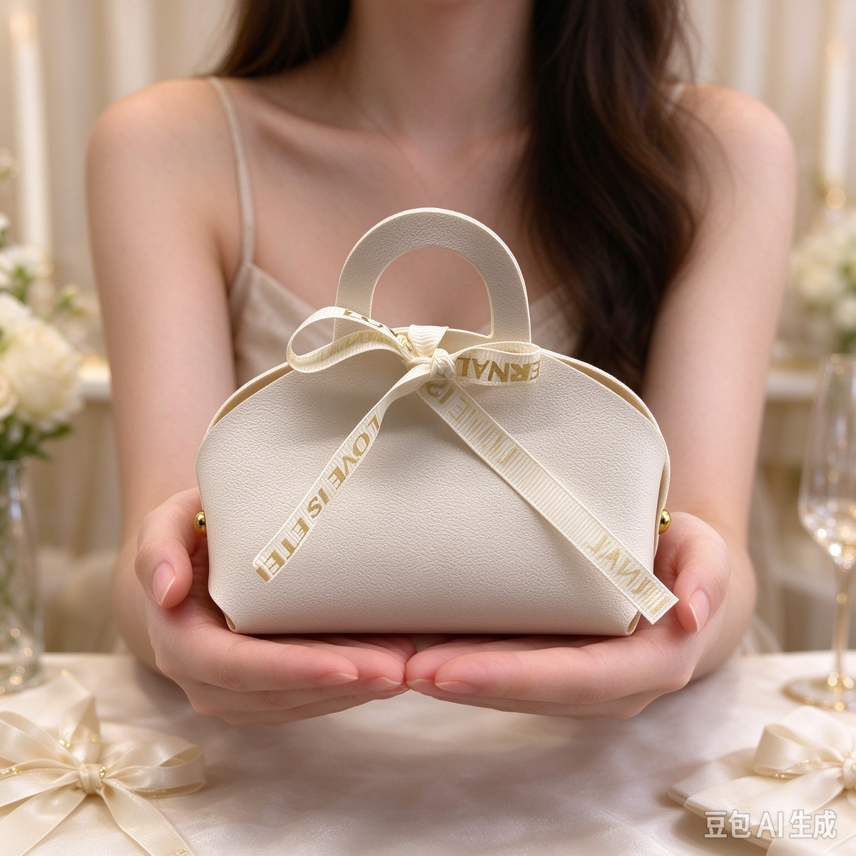 White Mini Faux Leather Tote Pouch with Delicate Letter Ribbon Bow, Small Gift Bag for Wedding Favors, Bridal Shower, Party Candy & Guest Gifts