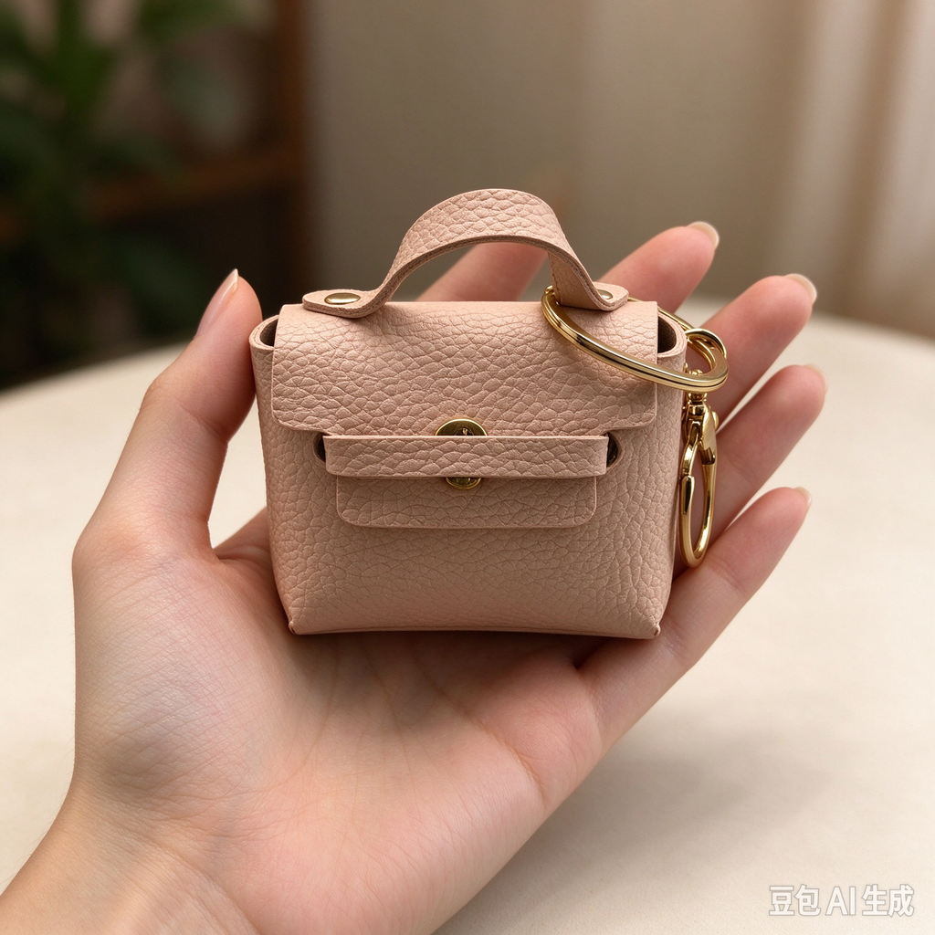 Khaki Mini Faux Leather Flap Handle Keyring Pouch, Tiny Coin Purse, Earbud Holder Bag Charm