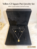 Square Pave Yellow Cubic Zirconia Necklace & Earring Stud Set, Silver Plated Women Jewelry Gift Box Set
